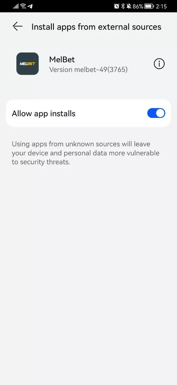 Allow installation from unknown sources to download Melbet app for Android.